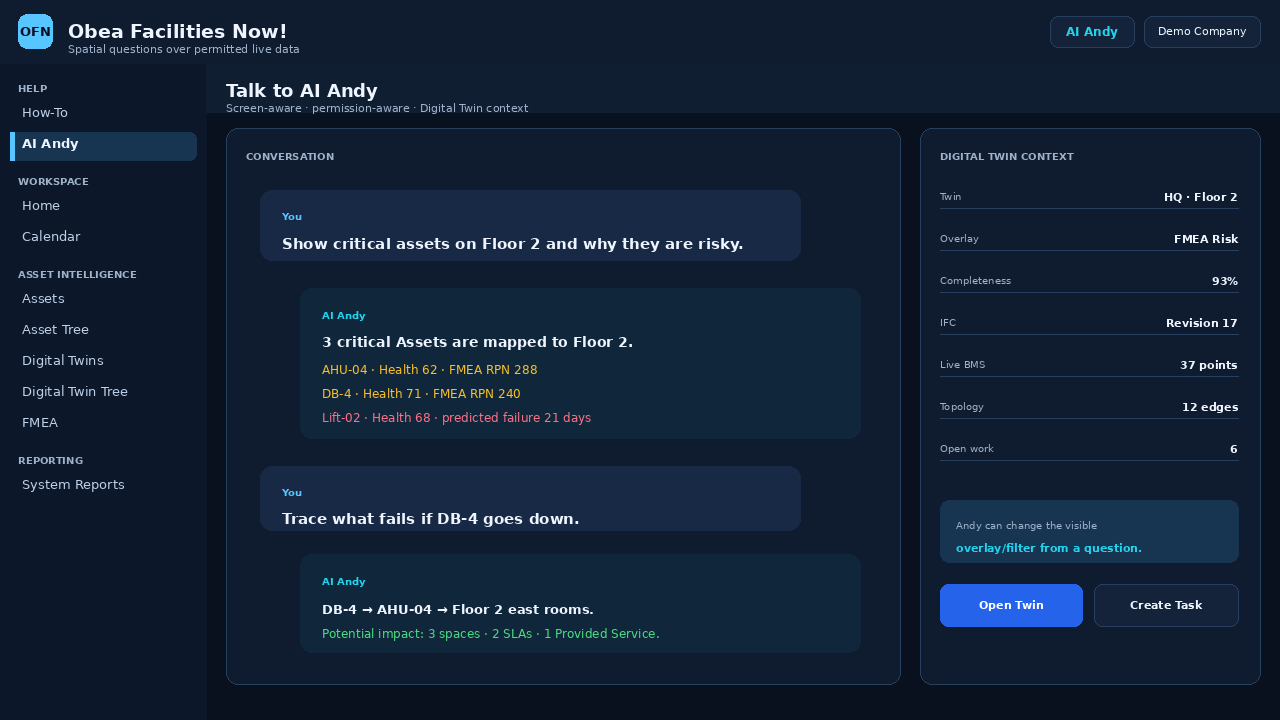 AI Andy Digital Twin spatial facilities query screen
