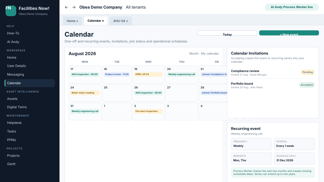 Facilities Now Calendar recurring schedules invitations and join status screen