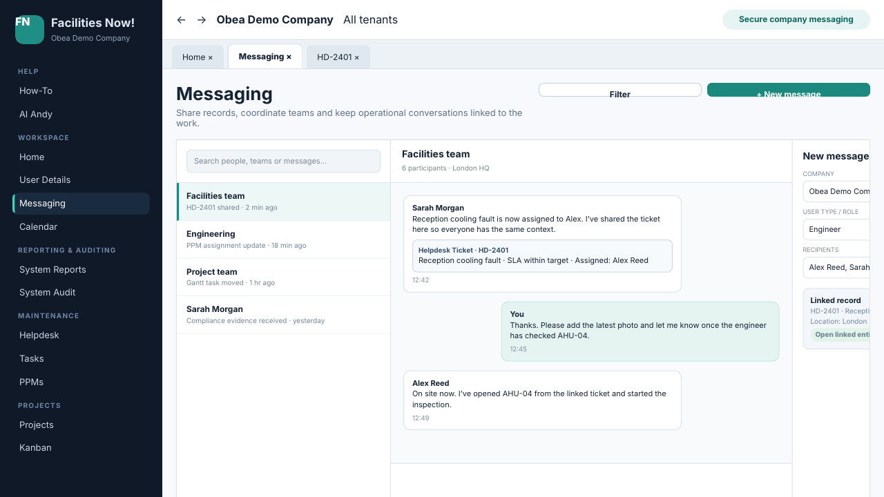 Facilities Now Messaging linked operational records screen