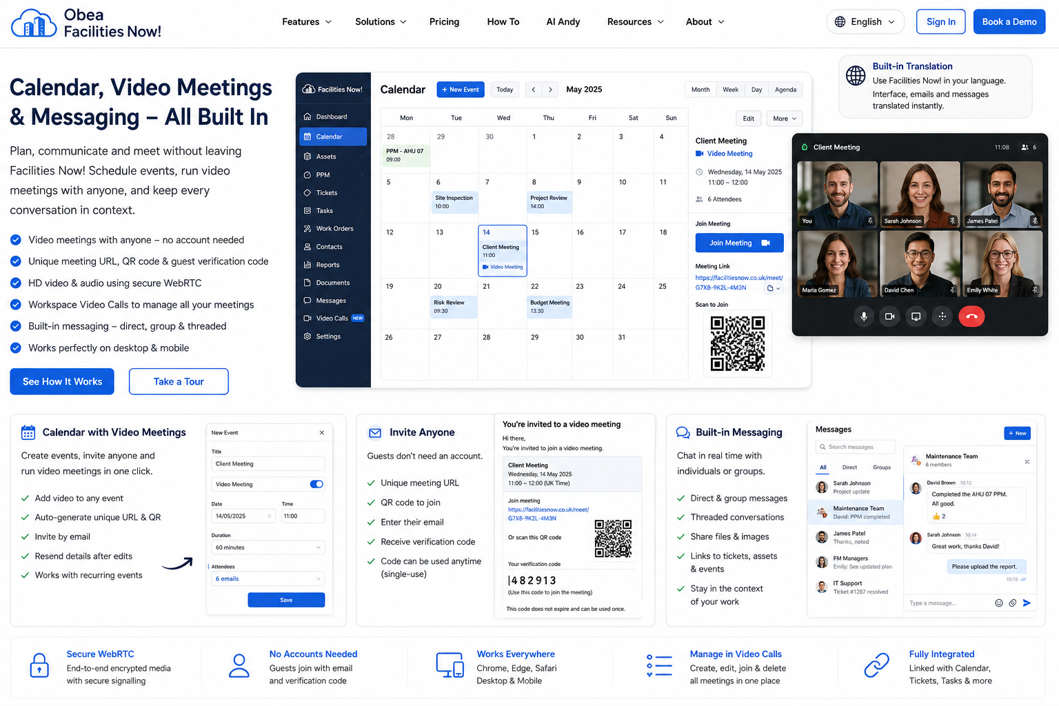 Facilities Now Calendar, Video Meetings and Messaging screen showing calendar event, unique meeting URL, QR invitation and browser video call